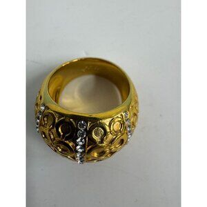 COACH Gold-Tone Dome Ring With Crystal Accents & Engraved Details Size 7